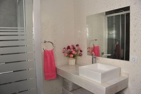 Combined shower/tub, hair dryer, towels