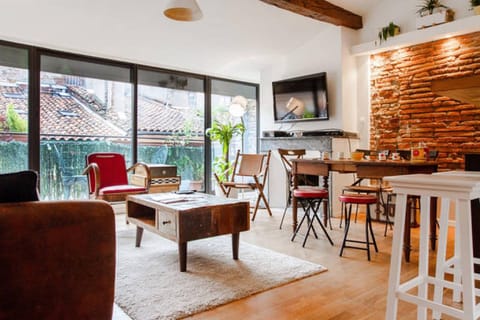 TV, fireplace, books