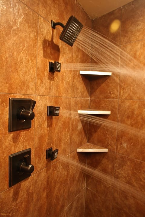 Shower, jetted tub, hair dryer, towels