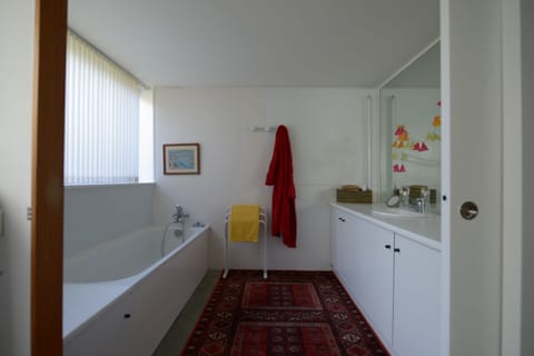 Combined shower/tub, hair dryer, towels