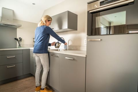 Fridge, stovetop, dishwasher, coffee/tea maker