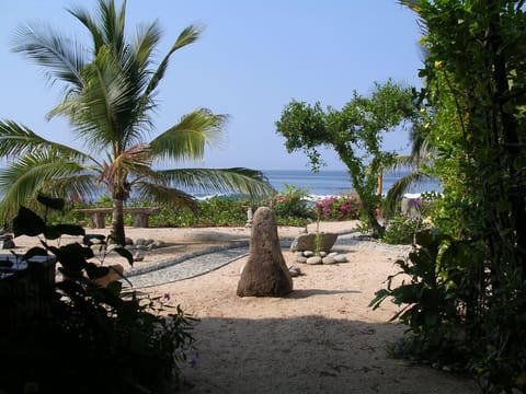 On the beach, sun loungers, beach towels