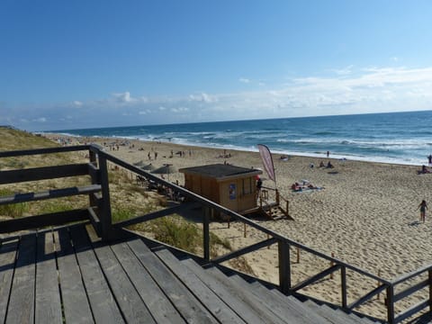 On the beach, sun loungers