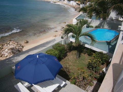 Drone view of beach, pool & deck, tiled patio with table and umbrella & garden.