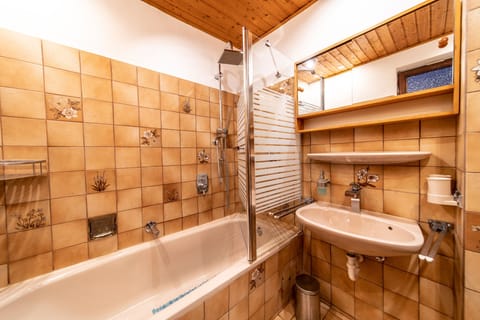 Combined shower/tub, hair dryer, towels, soap