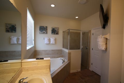 Combined shower/tub, hair dryer, towels