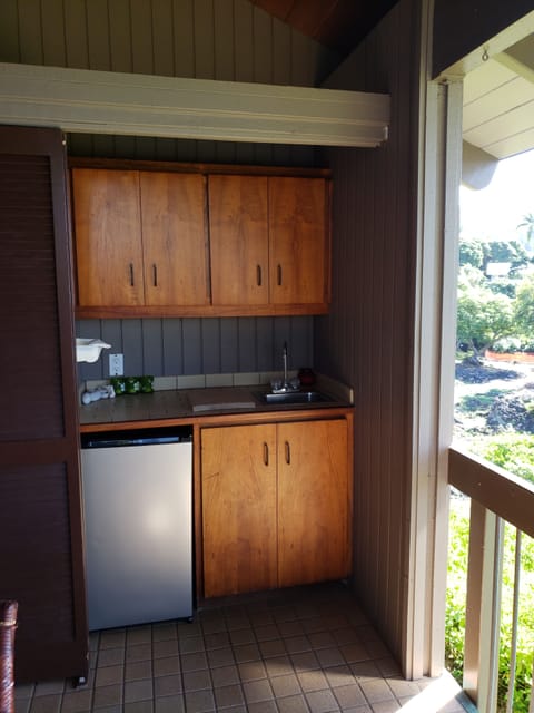 Wet bar with mini fridge on the lanai
