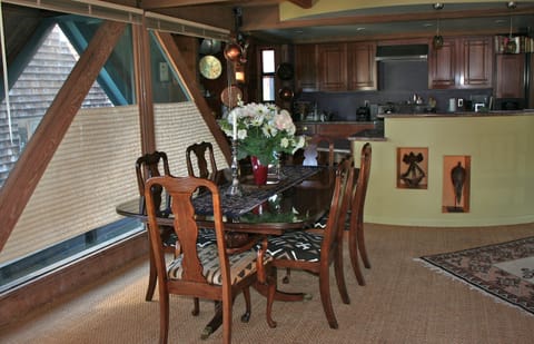 Dining table which seats eight.