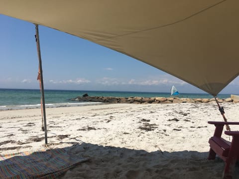 On the beach, sun loungers