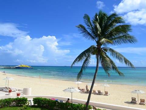 On the beach, sun loungers, beach towels