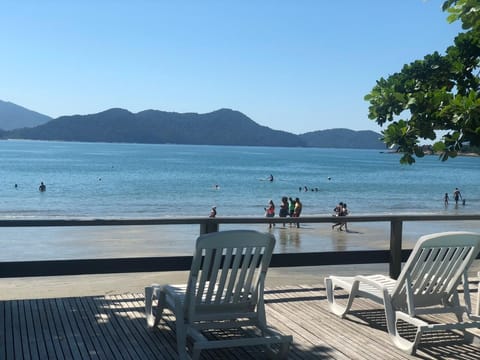 On the beach, sun loungers