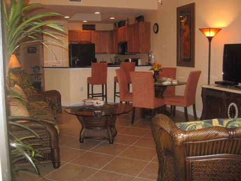 Living area, dining area and kitchen.