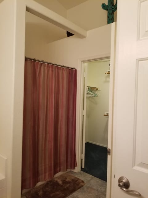 Combined shower/tub, hair dryer, towels, toilet paper