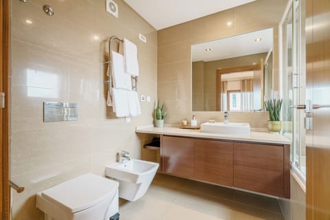 Combined shower/tub, hair dryer, bidet, towels