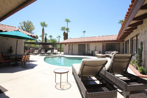 Outdoor pool, a heated pool, sun loungers