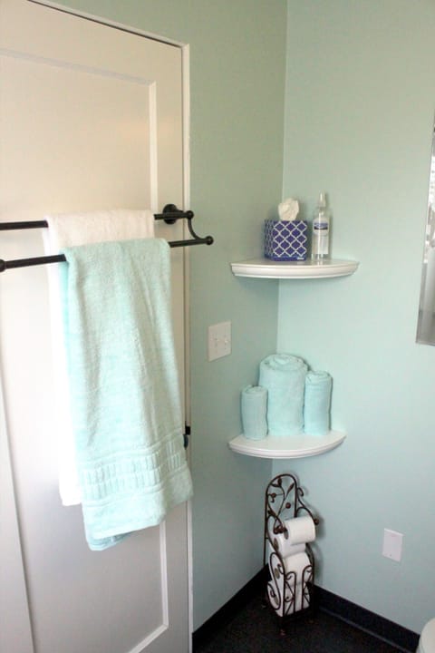 Combined shower/tub, hair dryer, towels