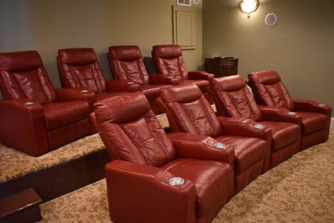 Media room with two-level seating, high-resolution video, and Dolby surround.