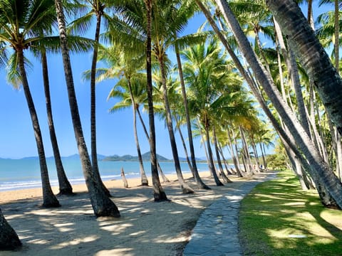 On the beach, sun loungers, beach towels