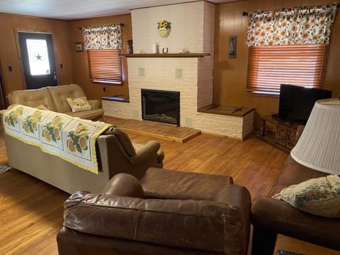 Enjoy the fireplace and step back to a time when sunflowers were the thing. 