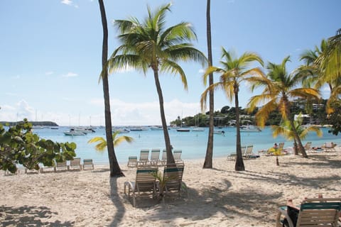 On the beach, sun loungers, beach towels