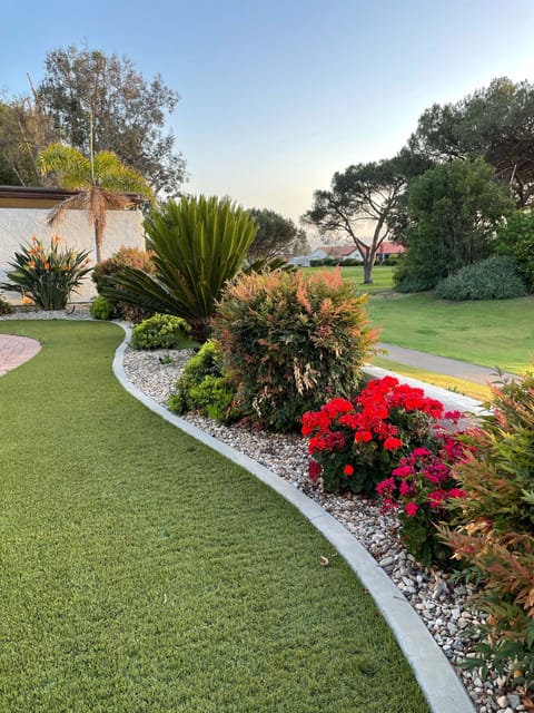 Back yard with flowers in bloom 
