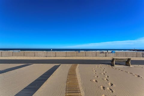 On the beach, sun loungers, beach towels