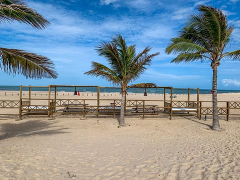 On the beach, sun loungers, beach towels