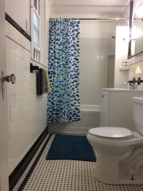 Combined shower/tub, hair dryer, towels