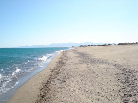 On the beach, sun loungers