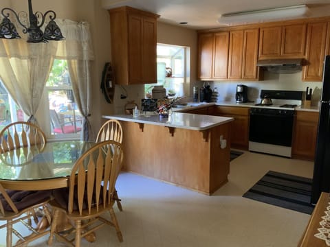 The Galley
has dishes,pans and full size refrigerator.
We also have pantry items