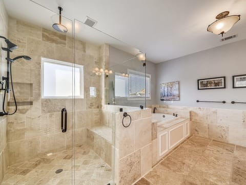 Shower, jetted tub, towels