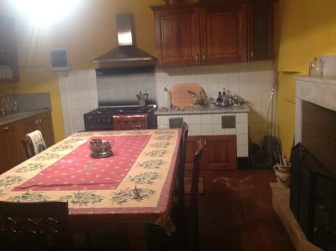 large table in kitchen with pizza oven, fireplace
