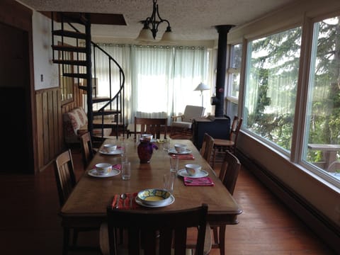 The dining room picture windows face majestic Lake Michigan.