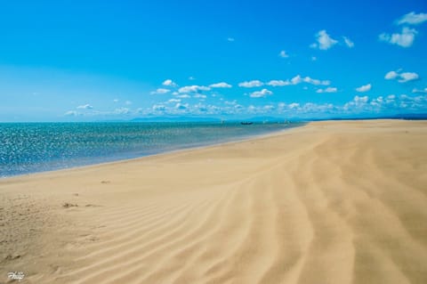 On the beach, sun loungers