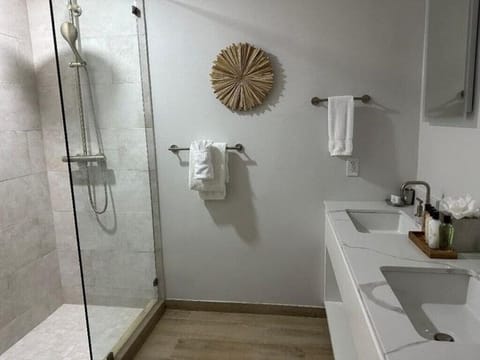 Combined shower/tub, hair dryer, towels, soap