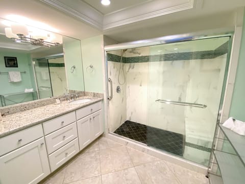 Combined shower/tub, hair dryer, towels