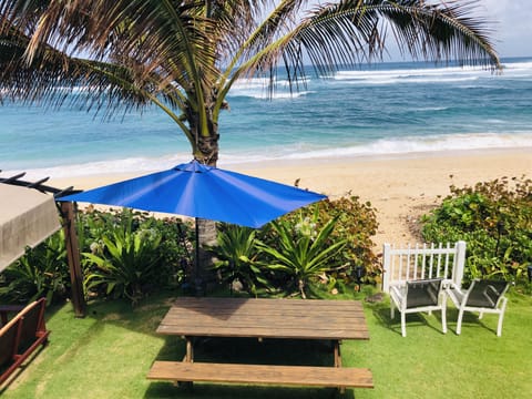 On the beach, sun loungers, beach towels