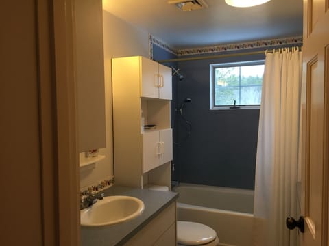 Combined shower/tub, hair dryer, towels, soap