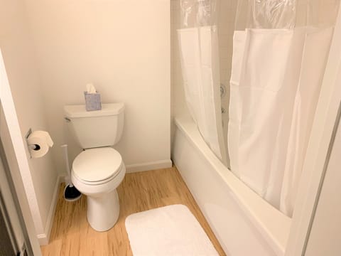 Combined shower/tub, hair dryer, towels, soap