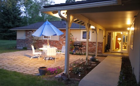 Exterior view of large Patio and front entrance.

