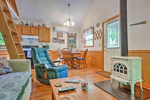 wood stove, watch the fire thru the glass door.