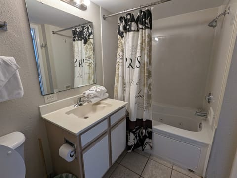 Combined shower/tub, jetted tub, hair dryer, towels