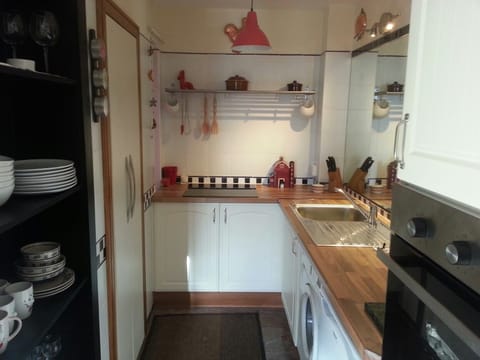 Kitchen shelves with pantry on left, sink washing machine and wall oven