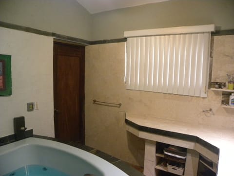 Combined shower/tub, jetted tub, hair dryer, towels