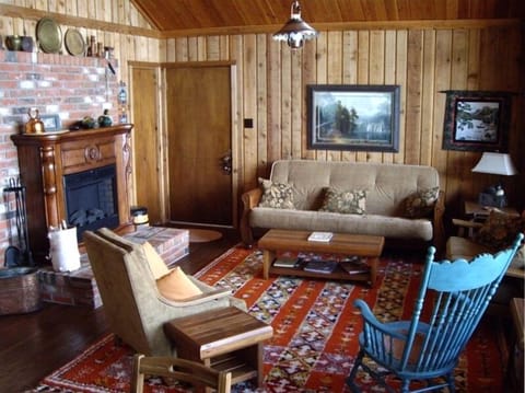 Fireplace, books, stereo