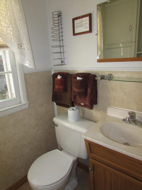 Combined shower/tub, hair dryer, towels, soap