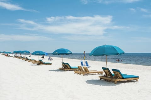 On the beach, sun loungers