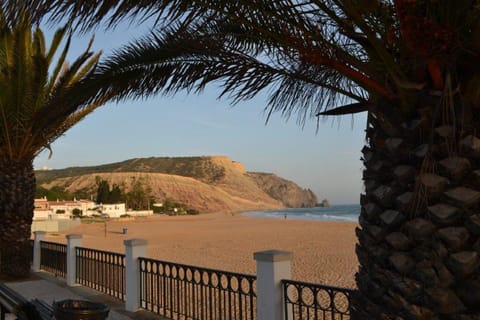 On the beach, sun loungers