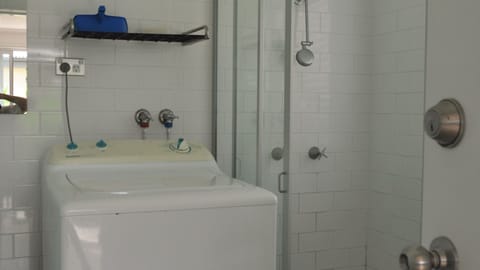 Combined shower/tub, soap, toilet paper