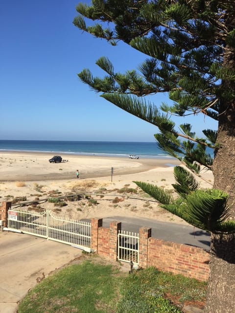 On the beach, sun loungers